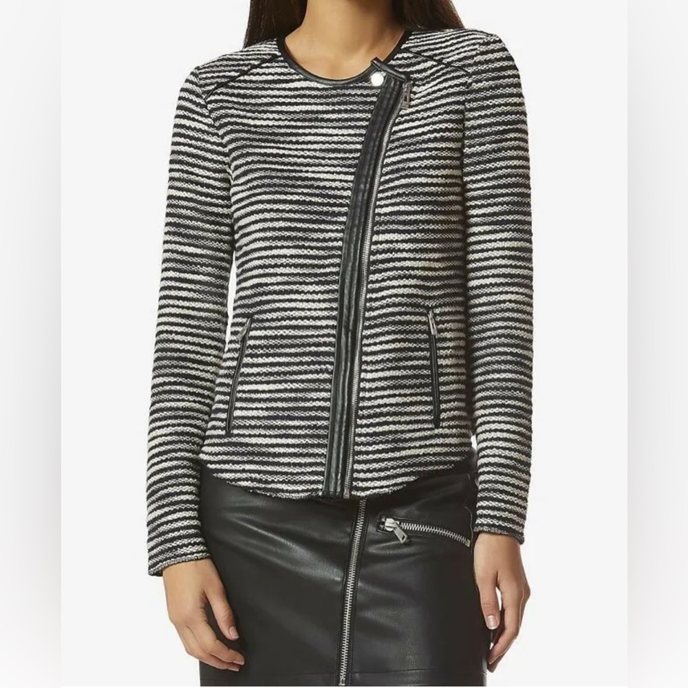 Avec Les Filles Womens Sweater Large Black White Moto Tweed Faux Leather Trim